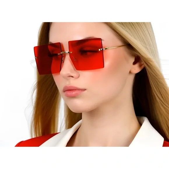 Sunglasses Red Lens Large Oversized XL Square Lady Women Retro Vintage Lentes - Picture 5 of 10
